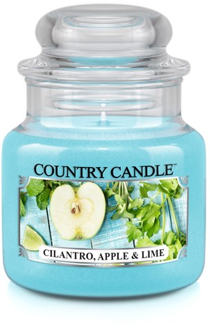 Det här är ett ljus i blå färg, märkt med doften koriander, äpple och lime, i en klar glasburk.