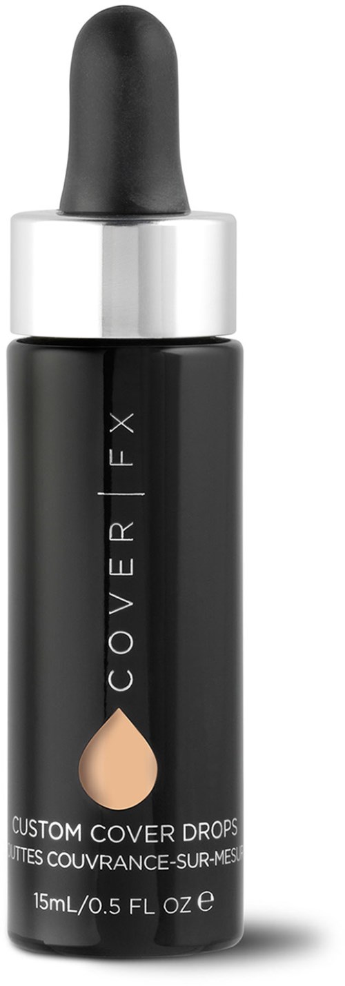 En svart dropperflaska med etiketten 'COVER FX' som innehåller makeupondrops för täckning.