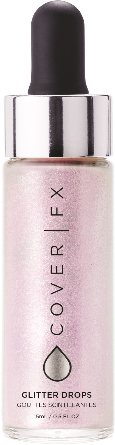 En liten flaske med glitterdråper med pipette, merket 'Cover FX Glitter Drops.' Den er rosa og skimrende.