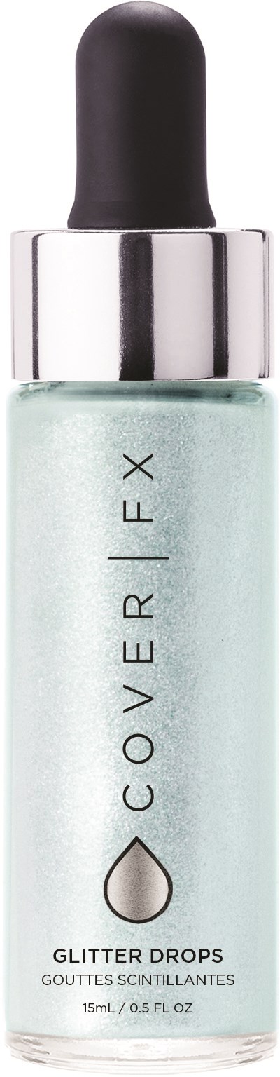 En liten flaske med pipette, merket 'Cover FX Glitter Drops', som inneholder glitrende væske.