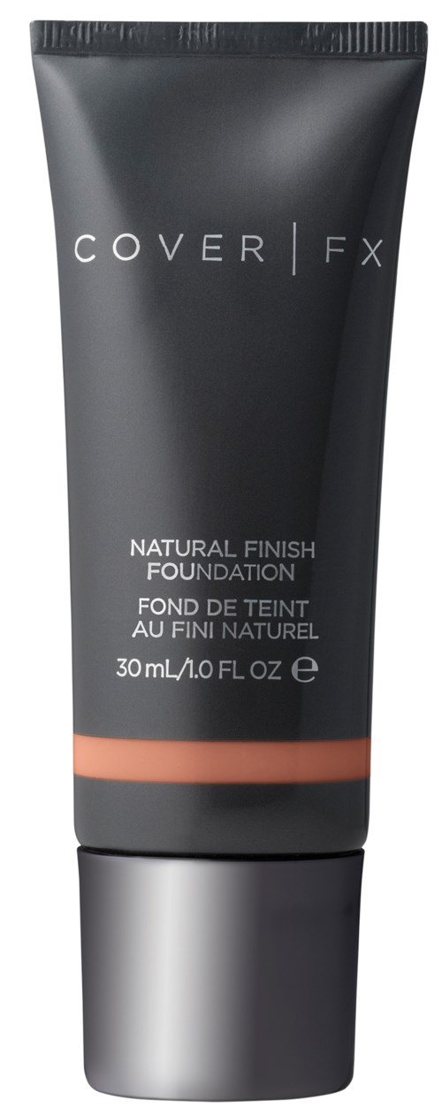 En svart tube med sølvlokk, merket Cover FX Natural Finish Foundation, 30 ml.