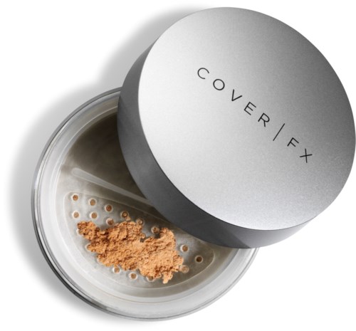 En rund silverburk med lock märkt 'COVERFIX' innehåller ett beige pulver.