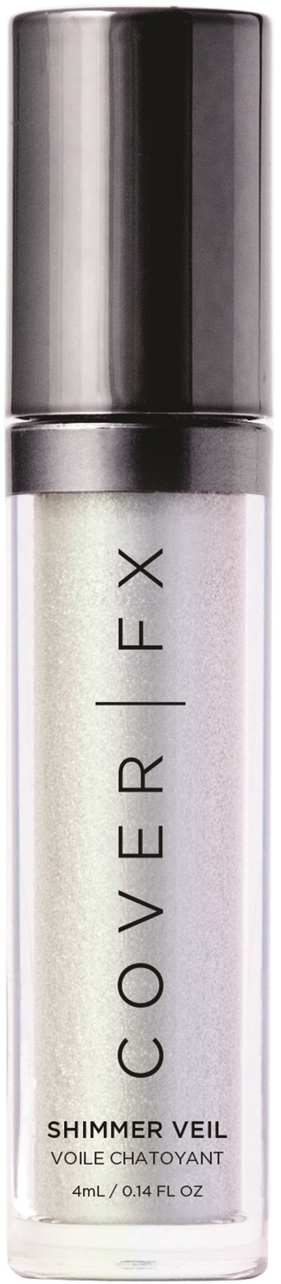 En liten klar flaske merket 'Cover FX' med en sølvhette, inneholder shimmer veil-produsjon.