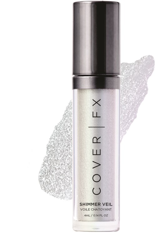 En liten flaske med glitterete væske og sølvfarget hette, merket Cover FX Shimmer Veil, for sminke eller hudpleie.