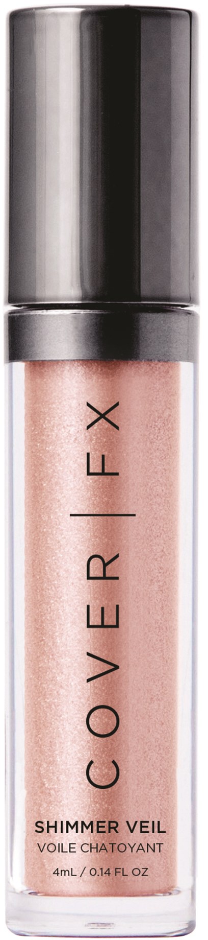 En leppeglansrør merket 'COVERIEX SHIMMER VEIL' med sølvlokk og rosa skimmer inni.
