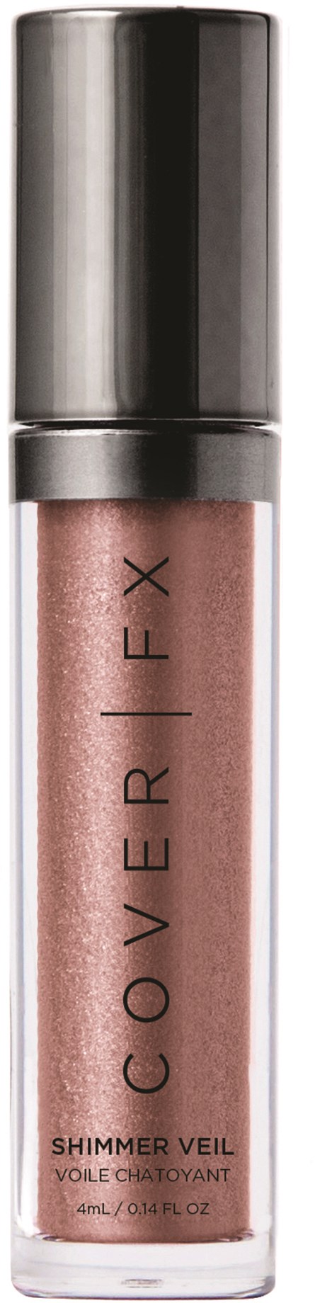 En liten tube med shimmer velvet med sølvhette, merket 'Cover FX' og 'Shimmer Veil'.