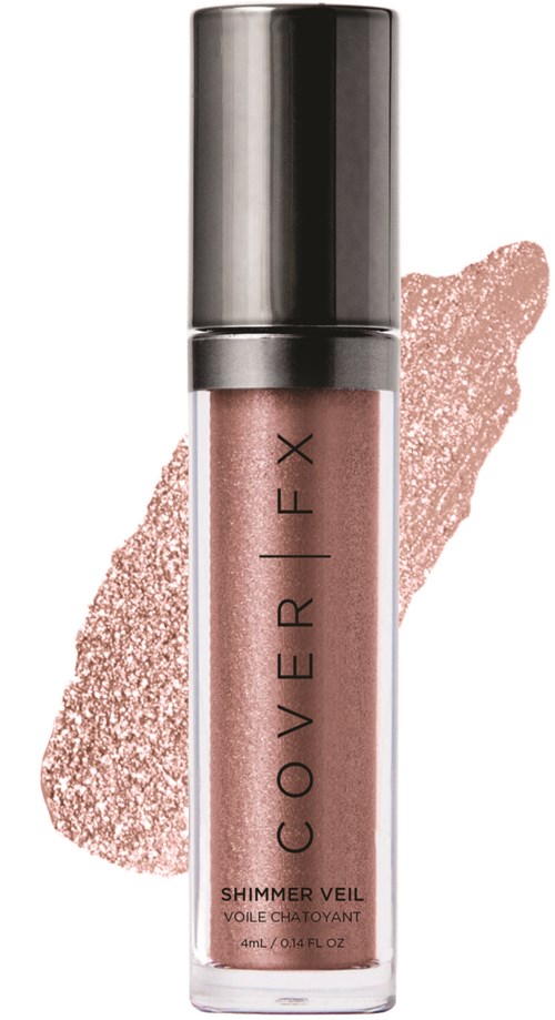 En liten, gjennomsiktig tube med rosa glans lip gloss med sølvkork, merket 'Cover FX.'