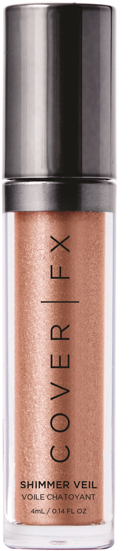 En tube med shimmer veil-makeup med sølvhette og gjennomsiktig kropp som viser ferskenfarget produkt.