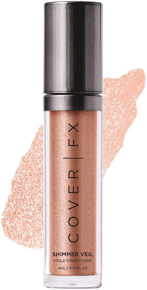En leppestift med en beige shimmer effekt bak, merket "COVER IEX SHIMMER VEIL".