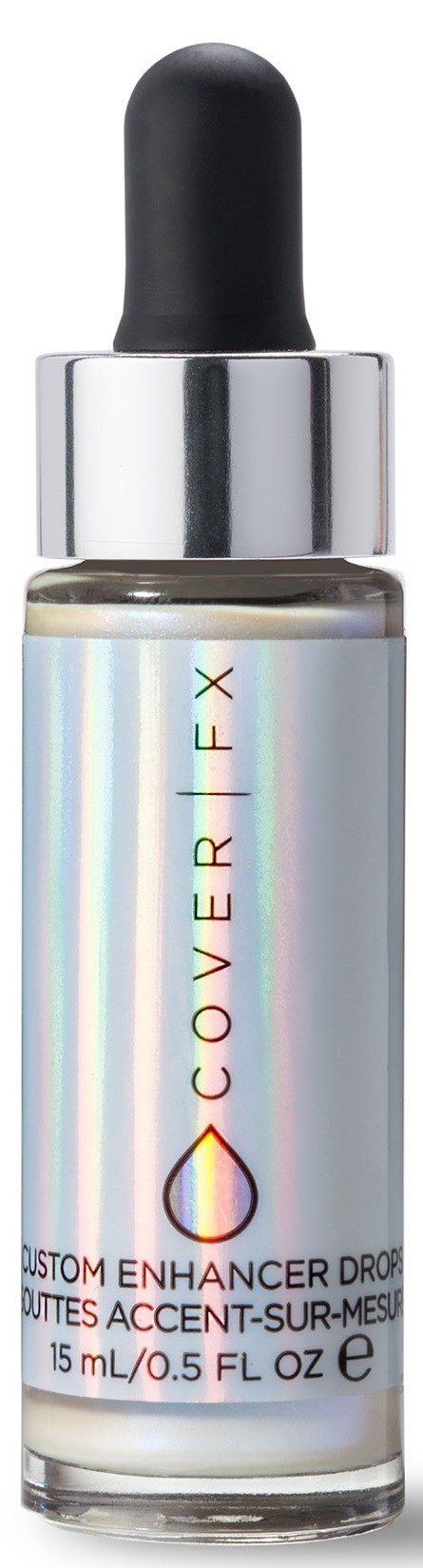 En liten glasflaska med svart pipettlock. Etiketten säger 'Cover FX', en makeup eller hudvårdsprodukt.