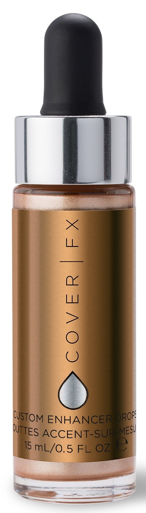 En liten glasflaska med svart droppkork, innehållande ett bronsfärgat flytande, märkt 'COVER FX' och produktinformation.