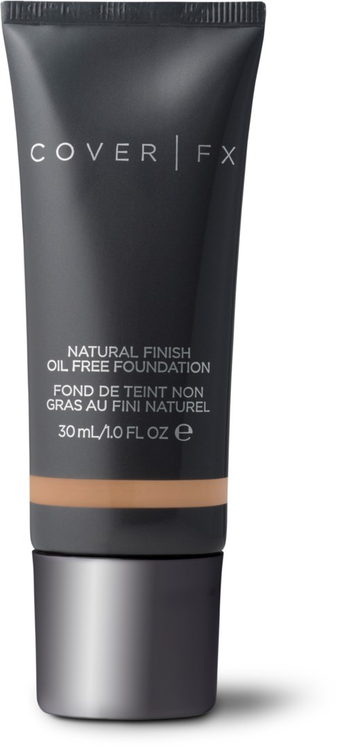 En svart tube med Cover FX foundation med sølvhette, merket som naturlig finish, oljefri, 30 ml.