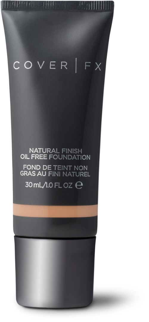 En svart tube med COVER FX foundation med sølvkappe, merket som oljefri og naturlig utførelse, 30 ml.
