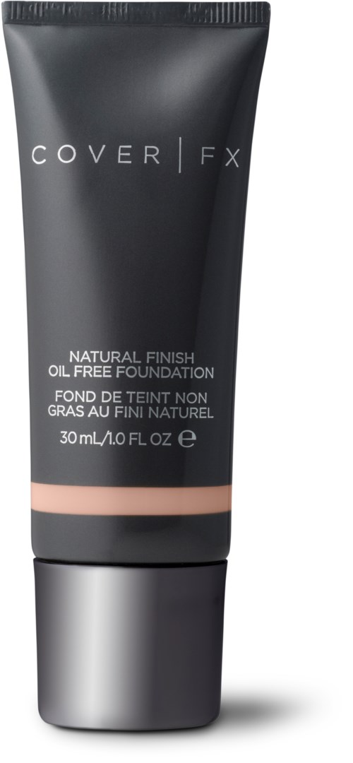 En svart tube med sølvhette, merket Cover FX, beskriver oljefri foundation for et naturlig utseende, 30 ml.