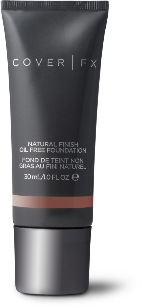 En svart tube med Cover FX foundation med metallkork, merket for en naturlig finish, oljefri, 30 ml.