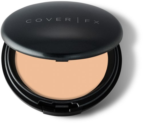 En kompakt rund sminkask med svart lock och beige puder inuti.