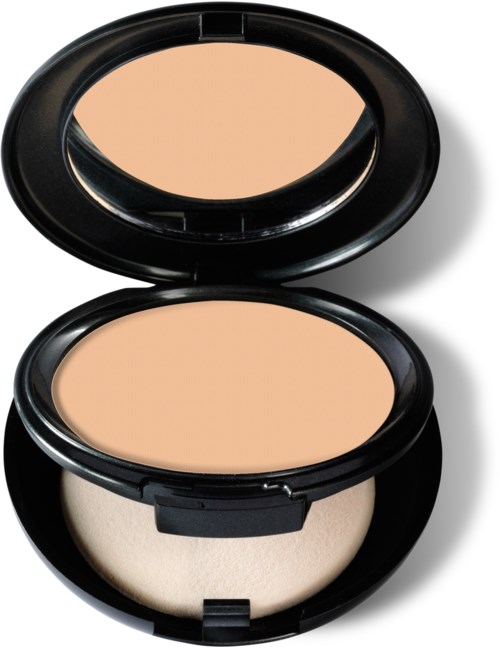 Ett kompakt fodral med spegel, innehållande beige pressat puder och en liten svamp för applicering.
