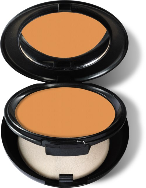 En liten sminkask med beige puder och spegel i locket.