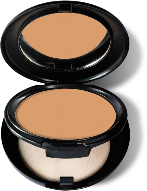 En liten make-up-puder med spegel i svart fodral, visar beige foundation eller fast puder.