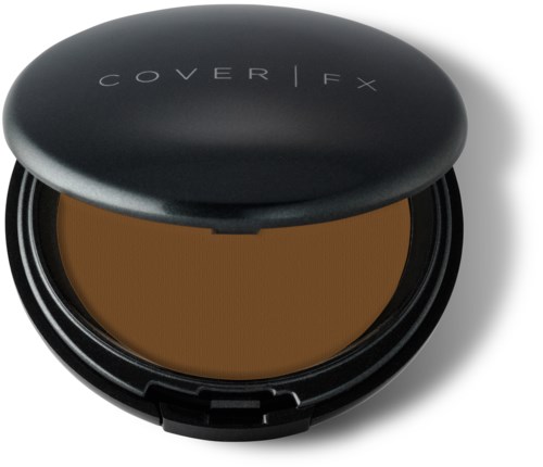 En rund behållare med svart lock märkt 'COVER FX' och brunt smink inuti.