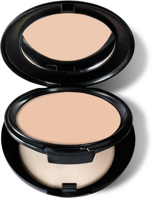 En liten svartask med beige puder och en spegel inuti. Fallet är öppet och visar makeup-produkten.