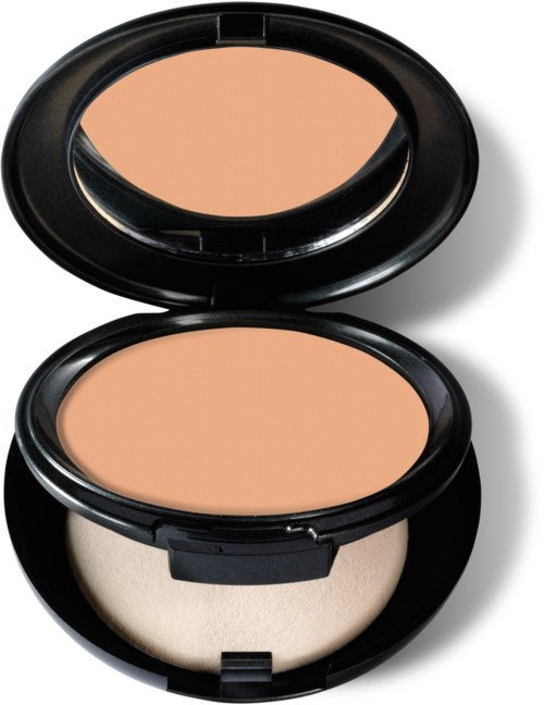 En makeup-kompakt med spegel, innehållande ett beige puder och en svamp applicator.