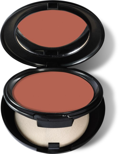 En rund kompakt med peachfärgad puder på toppen och vit makeup-svamp inuti. Öppnar till en spegel och produkt.