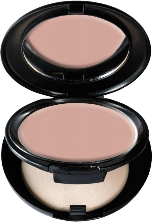 En liten makeup-compact med spegel, innehållande rosa ansiktspuder och en vit svamp för applicering.