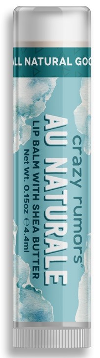 Szczelka z balsamem do ust z napisem 'AU NATURAL' z masłem shea, w kolorach białym i niebiesko-zielonym.