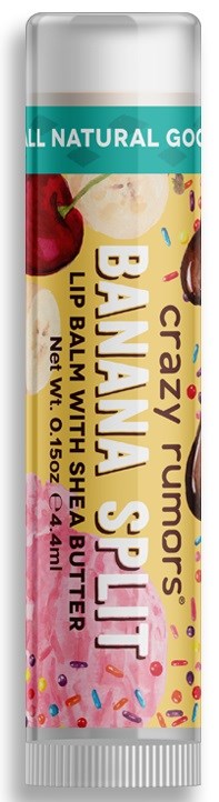 Læbepomade med sheasmør og banansmag, pyntet med farverigt krymmel og frugt, hovedsageligt banan og jordbær.