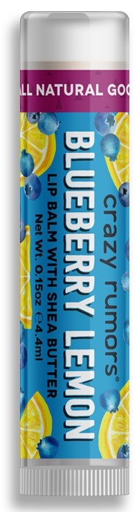 En blåbärs- och citronläppbalsam i tub med blåbär och citronbitar, märkt 'Crazy Fumors' och 'All Natural Goods.'