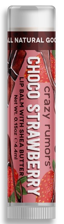 Ett läppbalsam med smak av choklad och jordgubb, med sheasmör i ett rör, märkt Crazy Fumors Choco Strawberry.