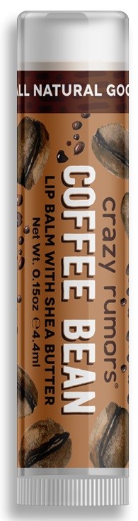 Läppbalsamstift med kaffe och sheasmör, märkt som helt naturligt, med en kaffebönedesign.