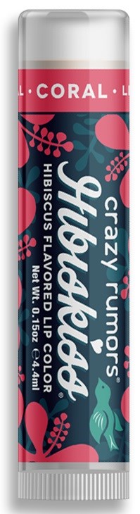 Balsam do ust z różowo-niebieskim wzorem kwiatowym, oznaczony 'Hidalgo', 'Crazy Flavors' i 'smak hibiskusa'.