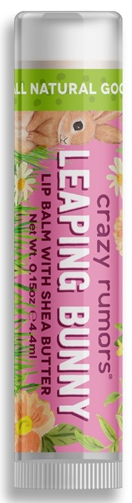 Balsam do ust w tubce, różowa etykieta z kwiatami, zając i tekst o naturalnych składnikach i marce.