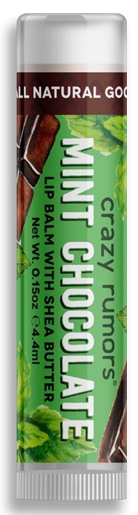 Ett läppbalsam i tub med mintchokladsmak, helt naturliga ingredienser och grön-brun förpackning.