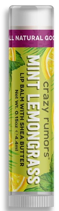 Läppbalsamrör med mint och citron smak, innehåller sheasmör, krämig konsistens, ljusgrön och gul design.