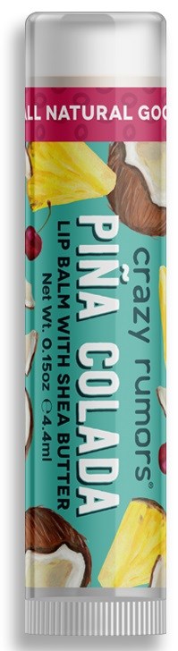Rörförpackning för en lip balm med smak av pina colada med naturliga ingredienser och sheasmör.