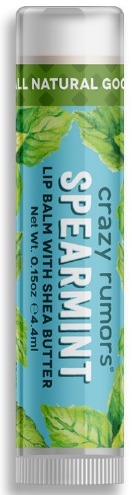 En tub med Crazy Fumors spearmint läppbalsam med sheasmör och naturliga ingredienser.