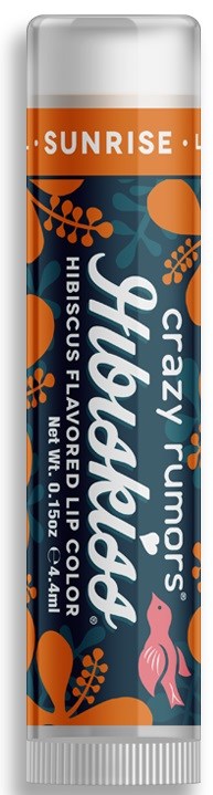 Sznur gumy do żucia z pomarańczowymi, niebieskimi i różowymi kolorami, oznaczony 'Hubba Bubba' i smakiem wschodu słońca oraz hibiskusa.