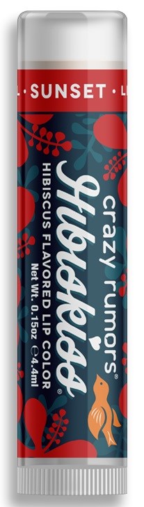 To jest tubka smakowego balsamu do ust z motywem zachodu słońca, hibiskus, owoce i kolorowy design.