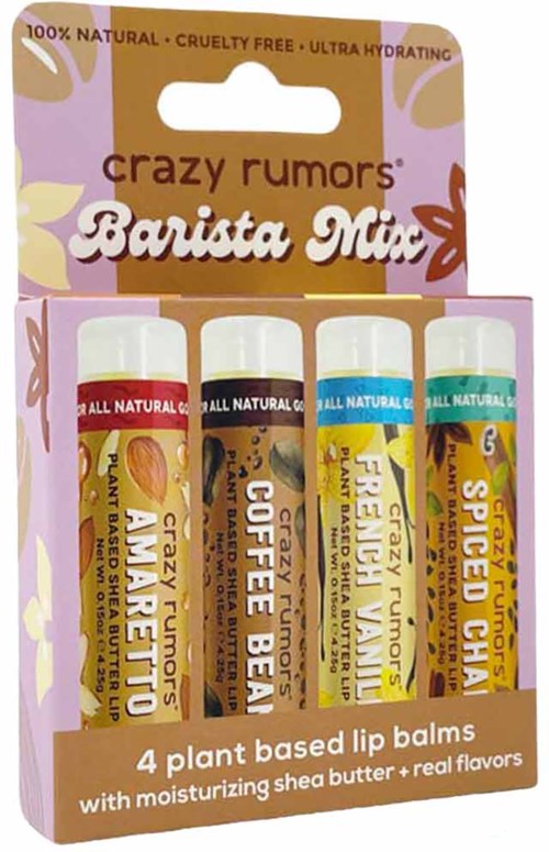 Four plant-based lip balms in colorful tubes, labeled with flavors, in packaging highlighting natural, cruelty-free ingredients.