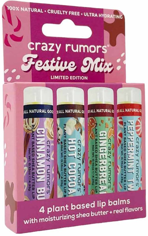 Zestaw czterech roślinnych balsamów do ust w różowym opakowaniu z napisem 'Crazy Rumors Festive Mix'.