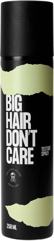 En svart sprayburk med etiketten "Big Hair Don't Care" och gröna rivna papper, rymmer 250 ml.