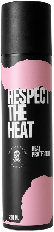 A black spray can with pink paint splashes and white text about respecting heat and heat protection.