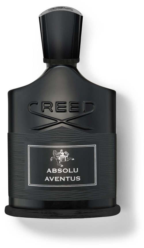 Svart flaske med svart lokk, merket Absolu Aventus av Creed, med sølvlogo og tekst.