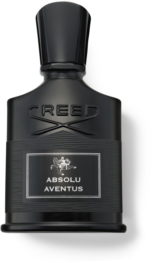 En svart flaska med lock, märkt Creed Absolu Aventus, elegant och modern design.