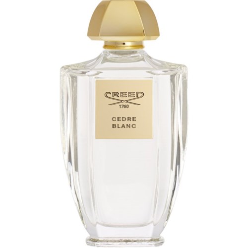 En klar glasparfymflaske med en guldkapsel, mærket 'CREED Cedre Blanc,' elegant og luksuriøs i design.