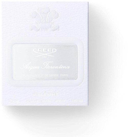 White box with embossed floral design and silver label reading 'Creed Aqua Fiorentina.'