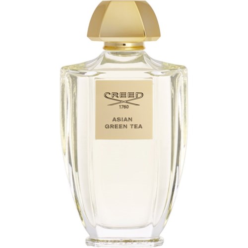 En klar glasparfymflaska med guldkapsel märkt 'Creed Asian Green Tea'.